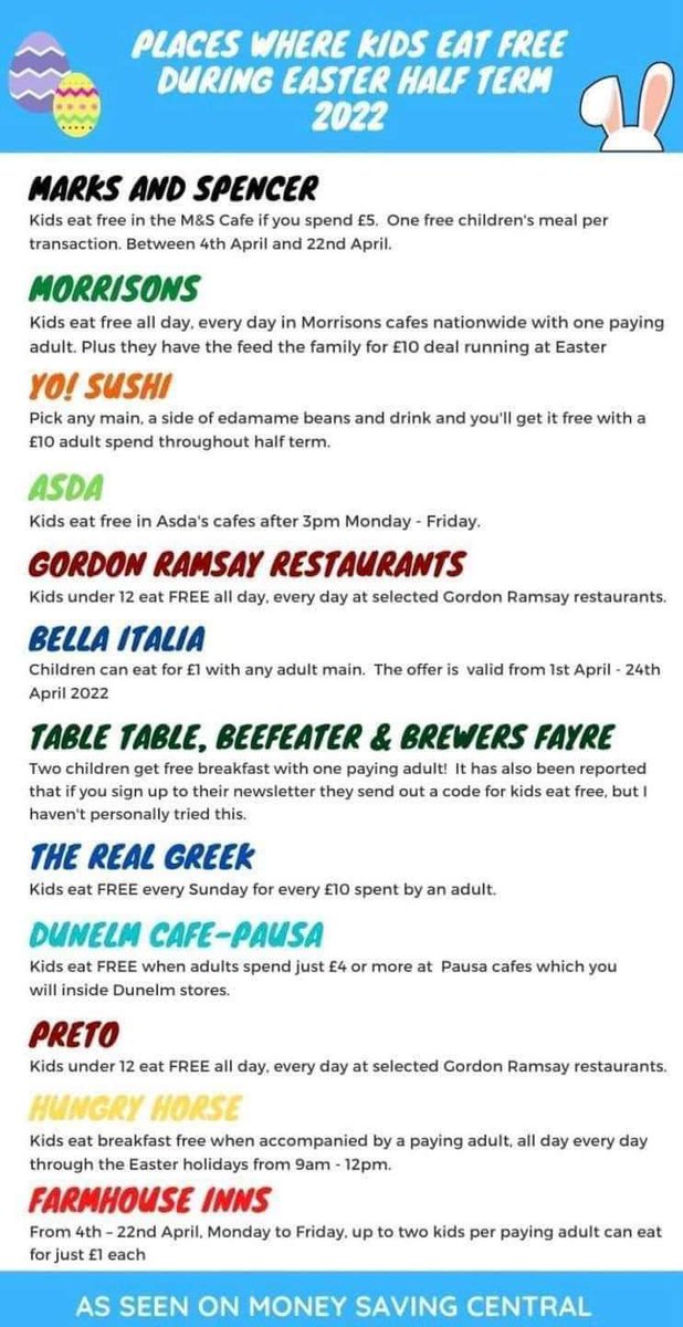 Please click the photo for places where children can eat free the upcoming school holiday 🍴 You will need to check T&amp;Cs with each venue.