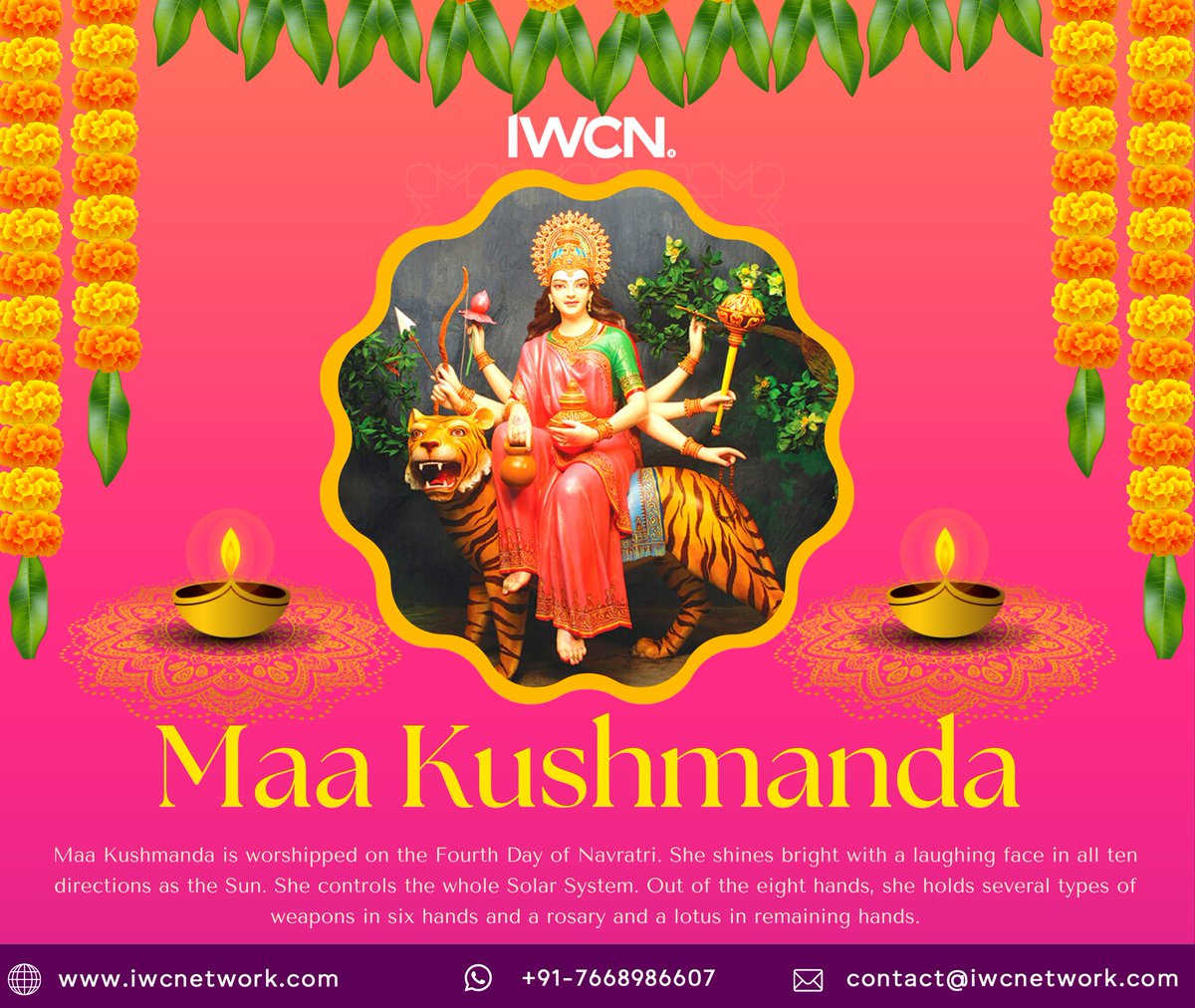 iwcnechno's tweet photo. May Maa Kushmanda bless you with all the happiness, peace, and harmony in your life. 

Happy Navratri to you!
.
.
#iwcn #iwcnetwork
.
.
.
#navratri #maakushmanda #maadurga #navratrifestival #jaimatadi #navratri2022 #software #webdesign #websitedevelopment #softwaredevelopment https://t.co/3lT0jL5IQ6