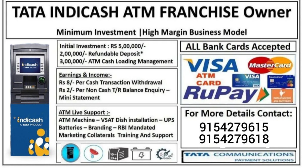 TataIndicash's tweet photo. Introducing our TATA INDICASH ATM FRANCHISE
FOR MORE DETAILS CONTACT US:
9154279615,9154279618
#tata #indicashopshop #india #ratantata #tcs #telangana #andhrapradesh #karnataka #tamilnadu #kerala #innovation #business #rural #urban #village #atm #machine #support #franchise https://t.co/x3pKzsONPU