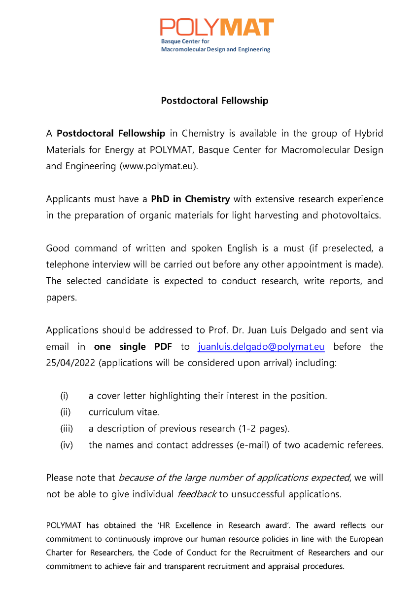 JuanLDelgadoC's tweet photo. We are hiring!! 
We are looking for motivated Postdoctoral and Doctoral  Researchers to work in Polymers for Optoelectronic Devices.
Please see attached file for more info.
Please RT https://t.co/Pfcw0beQ8j