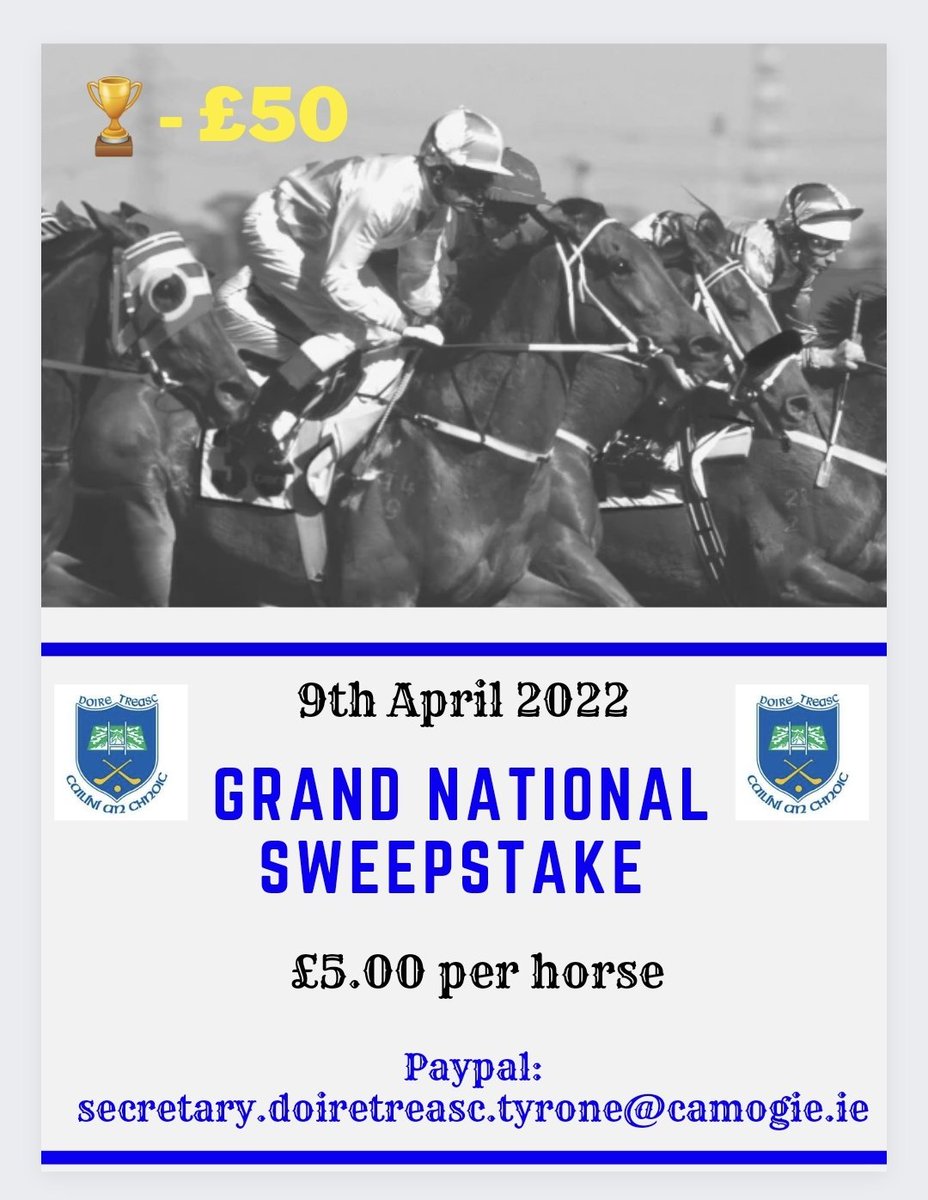 DoiretreascC's tweet photo. Fancy a wee flutter on the 🐎 horses 🐎 
#grandnational2022 

👉 £5 per horse.
👉 Numbers chosen by random number generator.
👉 🏆 £50
Entries can be made via our paypal. 
secretary.doiretreasc.tyrone@camogie.ie
☘️ Good Luck ☘️ 

@DerrytreskGAC https://t.co/ZczNF5W1Yv