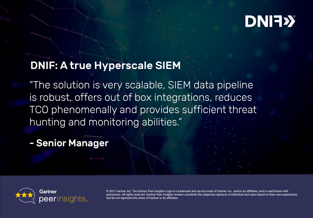dnifHQ's tweet photo. DNIF HyperScale SIEM strives to deliver the best ROI with no blind spots. 

This is what customers say about us: https://t.co/Rz5izMXfQQ

#DNIF #GartnerReview #GartnerPeerInsights #Testimonials #GoHyperScale #SIEM #CustomerSuccess #EnterpriseIT https://t.co/6uEy1s9JZi