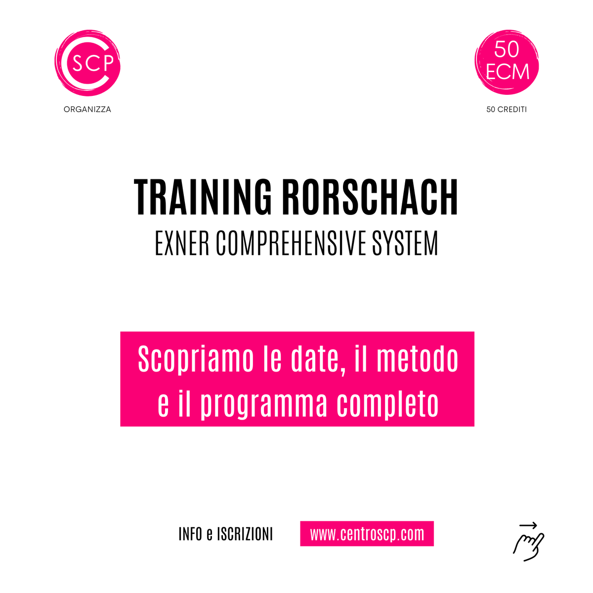 CentroSCP's tweet photo. [TRAINING #RORSCHACH • EXNER COMPREHENSIVE SYSTEM]

📚 Scorri il carosello e scopri metodo, programma e date del corso. Se vuoi saperne di più visita: https://t.co/ZVXxHIQwDO.

#CSCP2022 #CulturaPsicologica #TestDiRorschach #ExnerComprehensiveSystem #Psicodiagnosi #FormazioneECM https://t.co/ozyA7M2sAl