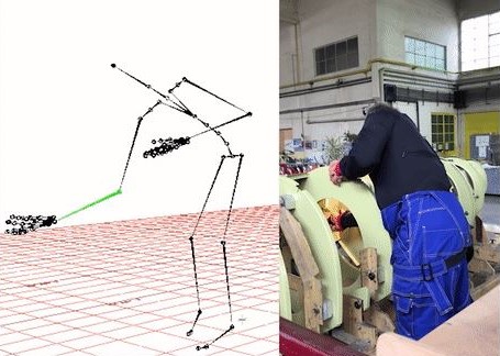 The technology developed by <a href="/_ARMINES_/">ARMINES</a>  enables an ergonomic performance monitoring to prevent musculoskeletal disorders. On the right the worker movements monitoring based on wearable motion-sensors. On the left the joints tracking highlighting the highest risk of injury.