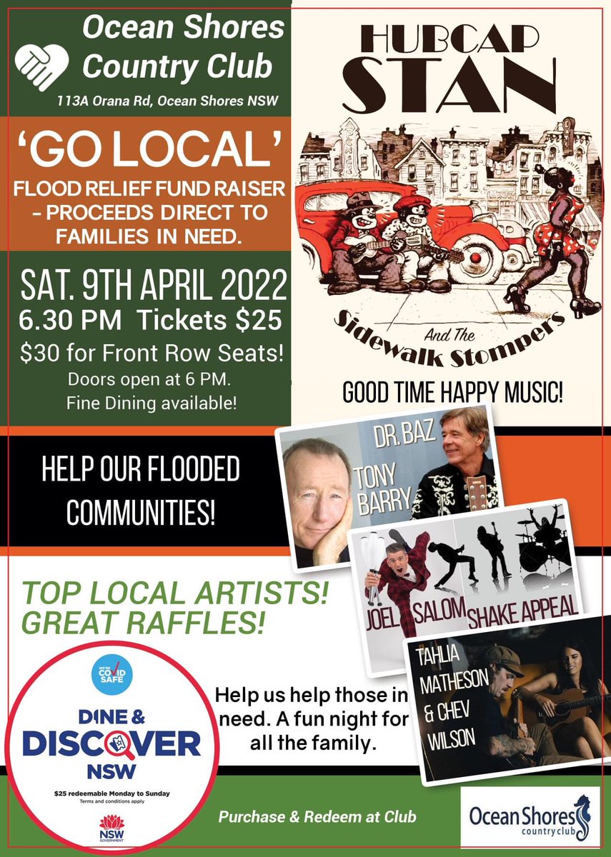 Come to Ocean Shores Country Club this Sat 9April - support locals raising money for the many families who suffered losses in the recent floods. A big line-up of brilliant local talent.
$25 entry goes direct to locals in need. You can use 'Dine &amp; Discover' Voucher for this event!
