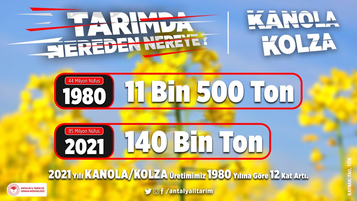 antalyailtarim's tweet photo. #ÇiftçimizÜretiyor

1980'de #11Bin Ton olan #kanola üretimimiz 
2021'de #140Bin Ton oldu. Tarımsal verimlilik ve çeşitliliğimiz @TCTarim çalışmalarıyla nüfus artışından hızlı artıyor. Eğitim Videomuz👇
https://t.co/MtjeKK6pJE

@gokhankaraca_ @ersinyazici1 @VahitKirisci
@RTErdogan https://t.co/LpxHhBLnT1