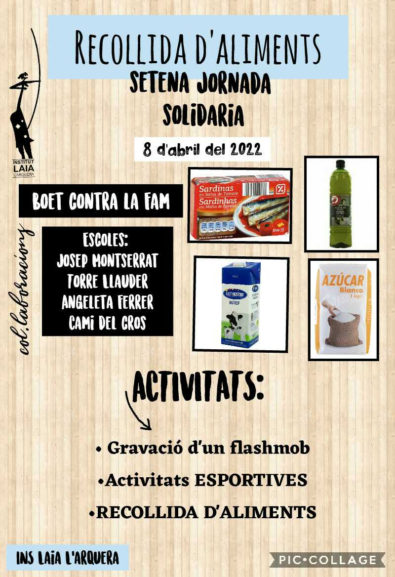 inslaialarquera's tweet photo. Divendres 8 d’abril celebrem la VII Jornada Solidària de l’Institut Laia l’Arquera.
L’objectiu és recollir aliments per la Fundació Sant Joaquim. Hi participen @Torre_Llauder @CamidelCros @angeleta_ferrer @EscolaJosepMon1
Us animem a participar-hi!
@EducacioMataro @SSTTMVO https://t.co/STNPdYXjIl