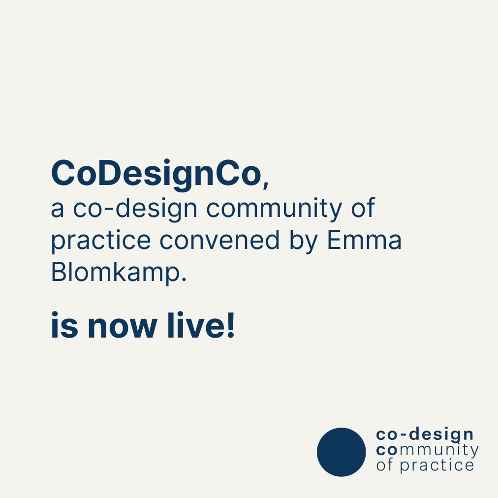 emmablomkamp's tweet photo. 🥁🥁🥁 CoDesignCo is live!! 🚀🚀🚀

This new community of practice is for people who enjoy learning and sharing about co-design and related practices in order to achieve equity, regeneration &amp; wellbeing.

Anyone in the world can now sign up to access resources and updates. https://t.co/f9uDOMgfXS