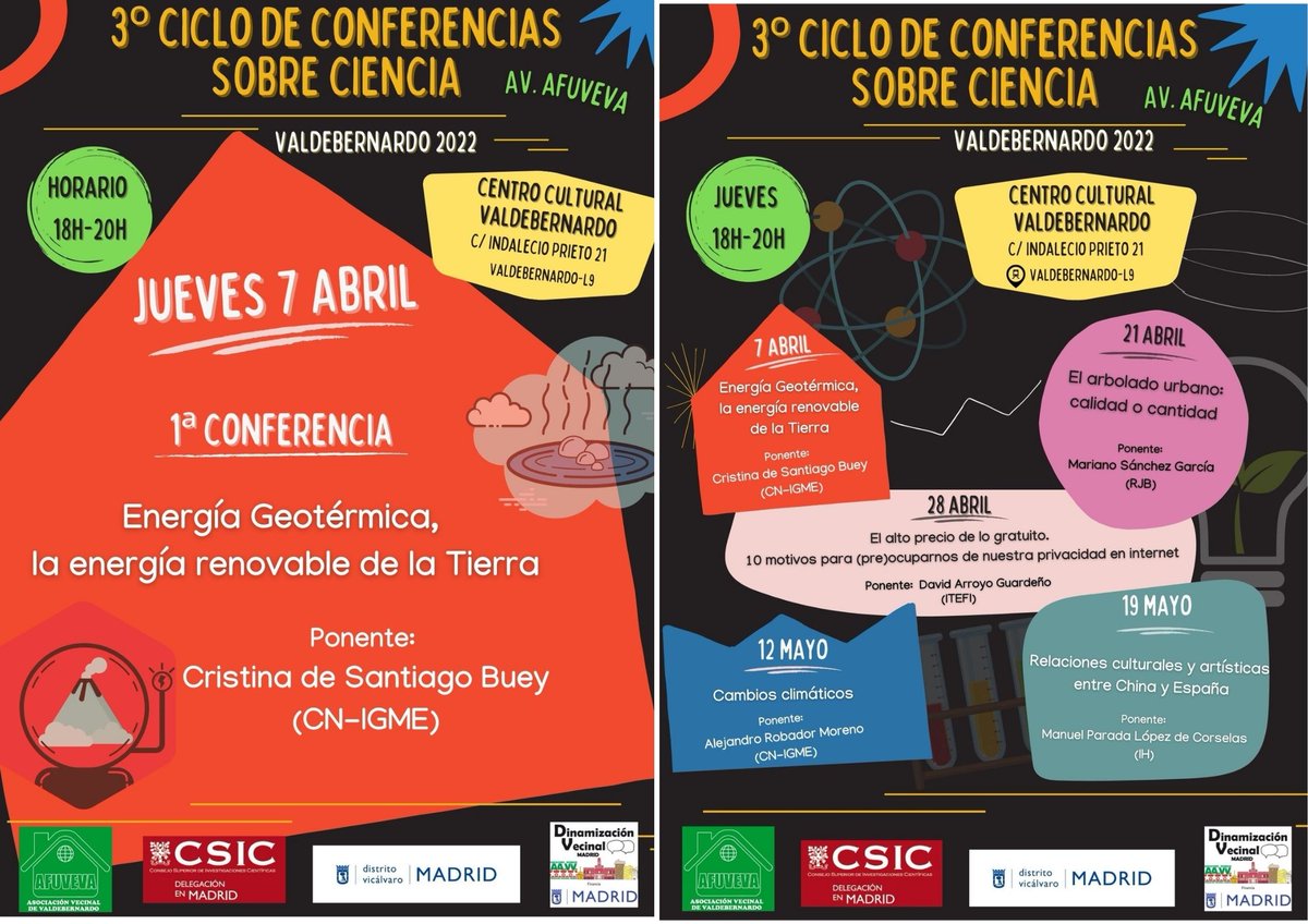 Afuveva's tweet photo. Para no depender de una sola fuente de energía descubramos otras posibilidades.Os recordamos este #Jueves #7Ab a las 18h en el Centro Cultural #Valdebernardo tienes una cita con #CicloCienciaEnElBarrio2022 .Pq la energía geotérmica puede ser una alternativa🌋.Ven a descubrirlo! https://t.co/L3ewsTW2hz