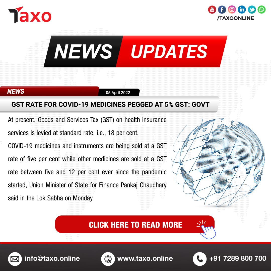 Taxo0nline's tweet image. TAXO Daily Updates 
GST rate for COVID-19 medicines pegged at 5% GST: govt
Read:
taxo.online/latest-news/co…

#gst #gstlearning #gstrates #gstnews #judgements #follow #news