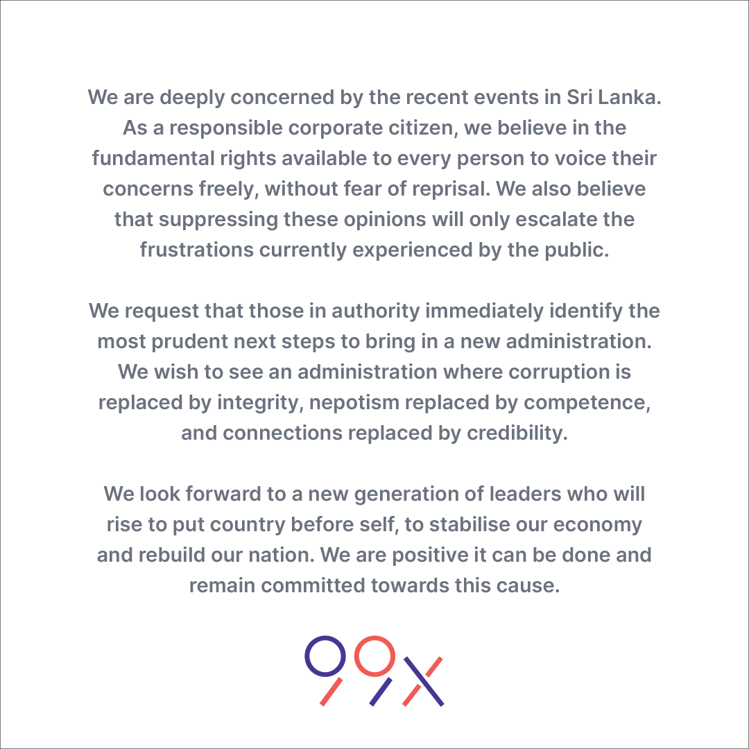 99x_io's tweet photo. Statement from #99x on the #EconomicCrisisLK: We remain committed to supporting a new generation of leaders, who will put country before self to stabilise our economy and rebuild our nation https://t.co/55UKL4kMkM
