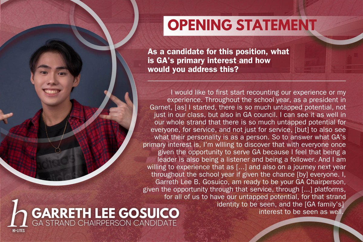 HiLitesASHS's tweet photo. Heads up, GA juniors!❤️
ICYMI: Read the statements of the GA Chair Candidate during the Miting de Avance held yesterday, April 4, 2022. (1/6)
#ASecondLook🔍
Pubmat by Justin Delas Armas https://t.co/T4l0wN8er1