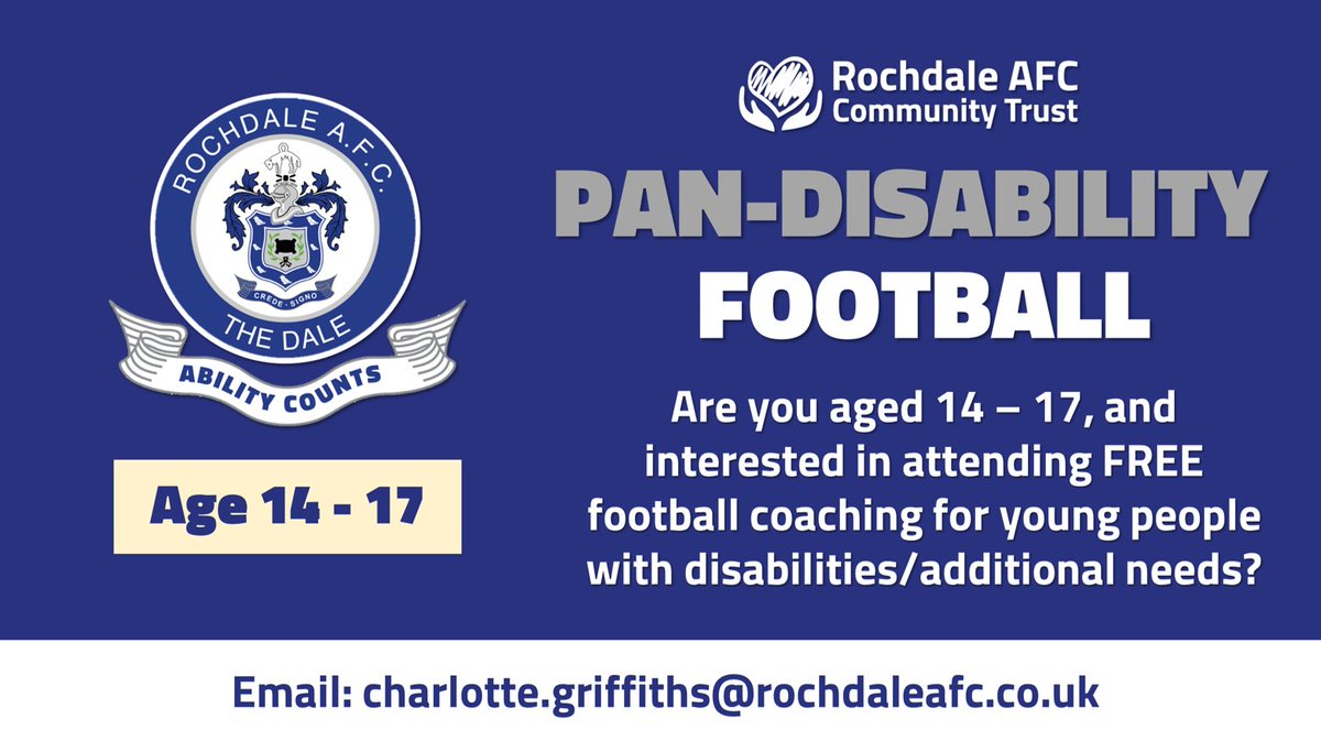 RAFCCommunity's tweet photo. ⚽ Aged 14 - 17 and wanting to play football with other young people with disabilities or additional needs?

📩 Email: charlotte.griffiths@rochdaleafc.co.uk 

@LadiesRochdale @RochdaleYouthie @KPHS_Rochdale @Official_FPHS @RcCuthberts @OHLA_PE @RochdaleRedwood https://t.co/r5O5PsA8JJ