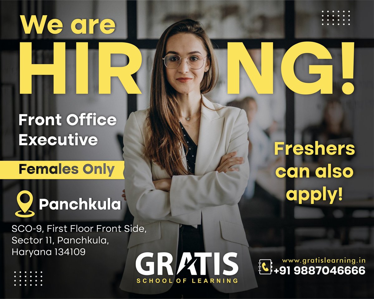 GratisLearning's tweet photo. We are #hiring female candidates for the post of Front Office Executive for our main entrance’s front desk in Panchkula. Both #freshers and #experienced candidates can apply. 

Send your resume to : divya@gratislearning.in 

#gratisschooloflearning #frontofficeexecutive https://t.co/VOCvyfAnp5