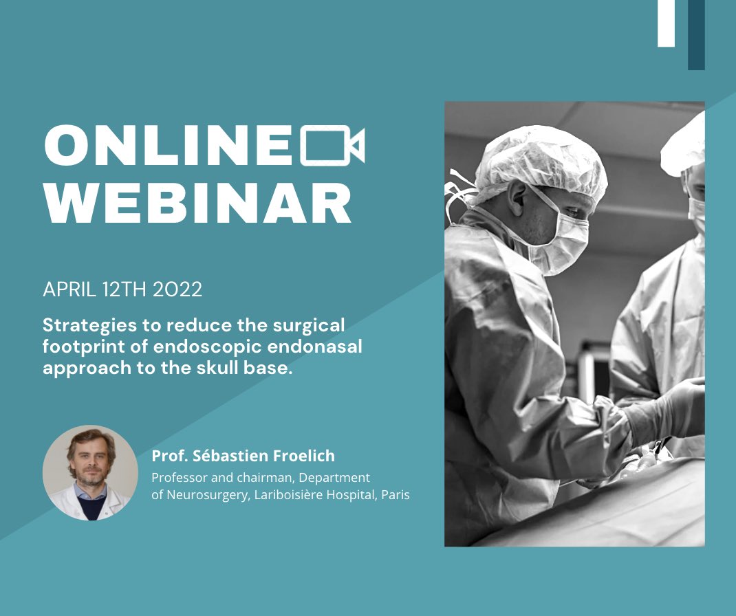 💻 [NEW WEBINAR]

💡Interested in learning new strategies to reduce the surgical footprint of endoscopic endonasal approach to the skull base? 

🗓 April 12th 2022
🕖 6pm - 7pm

🎙 Prof. <a href="/SC_Froelich/">Sebastien Froelich</a> 

Register to get your login information 👉🏼  cutt.ly/KShrJAg