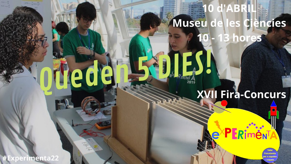 FiraExperimenta's tweet photo. Queden... 5 DIES per a la Fira #Experimenta22!! 🥳

🗓️ 10 d'abril, Museu de les Ciències de València

D’accés lliure, tindrà 68 parades, amb diferents projectes experimentals STEM construïts per alumnat d’ESO, batxillerat i cicles formatius 👩‍🔬🧑‍🔬 https://t.co/zPMwKTTV6w