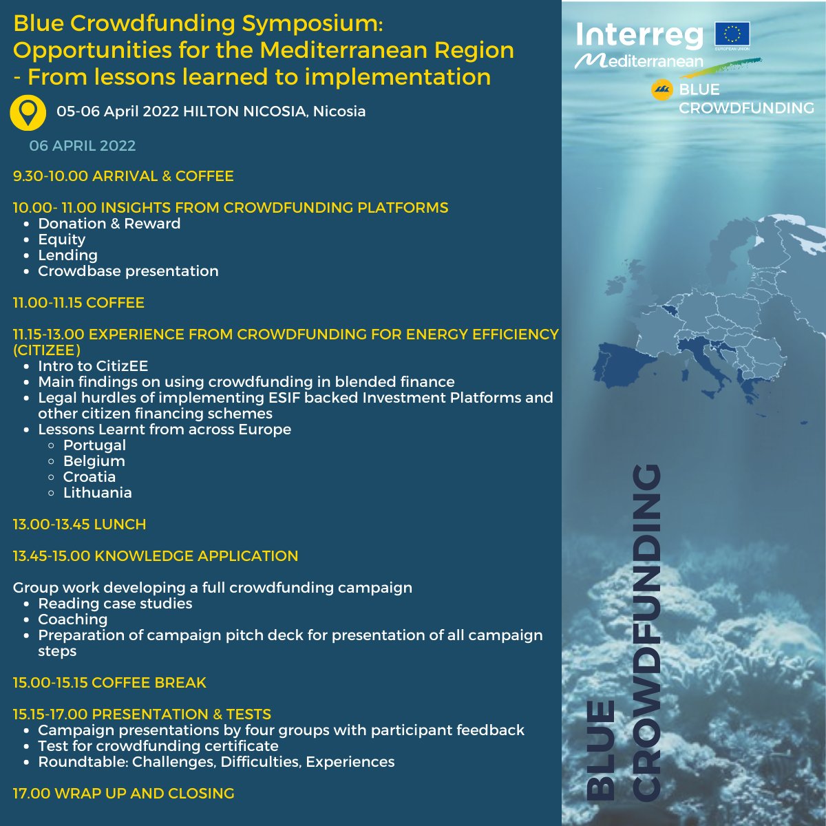 BlueCFInterreg's tweet photo. 🎉Today is the day! On the 5th and 6th of April, all project partners will meet in Cyprus to organise the Blue Crowdfunding Symposium, where we will present the Crowdfunding opportunities for the Mediterranean region🌊Find out more: https://t.co/zJZ02RdOt4 https://t.co/OWzGIhyHHz