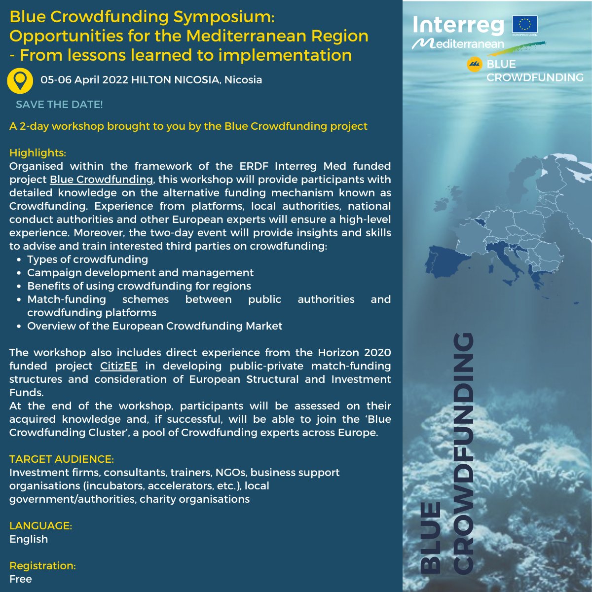 BlueCFInterreg's tweet photo. 🎉Today is the day! On the 5th and 6th of April, all project partners will meet in Cyprus to organise the Blue Crowdfunding Symposium, where we will present the Crowdfunding opportunities for the Mediterranean region🌊Find out more: https://t.co/zJZ02RdOt4 https://t.co/OWzGIhyHHz