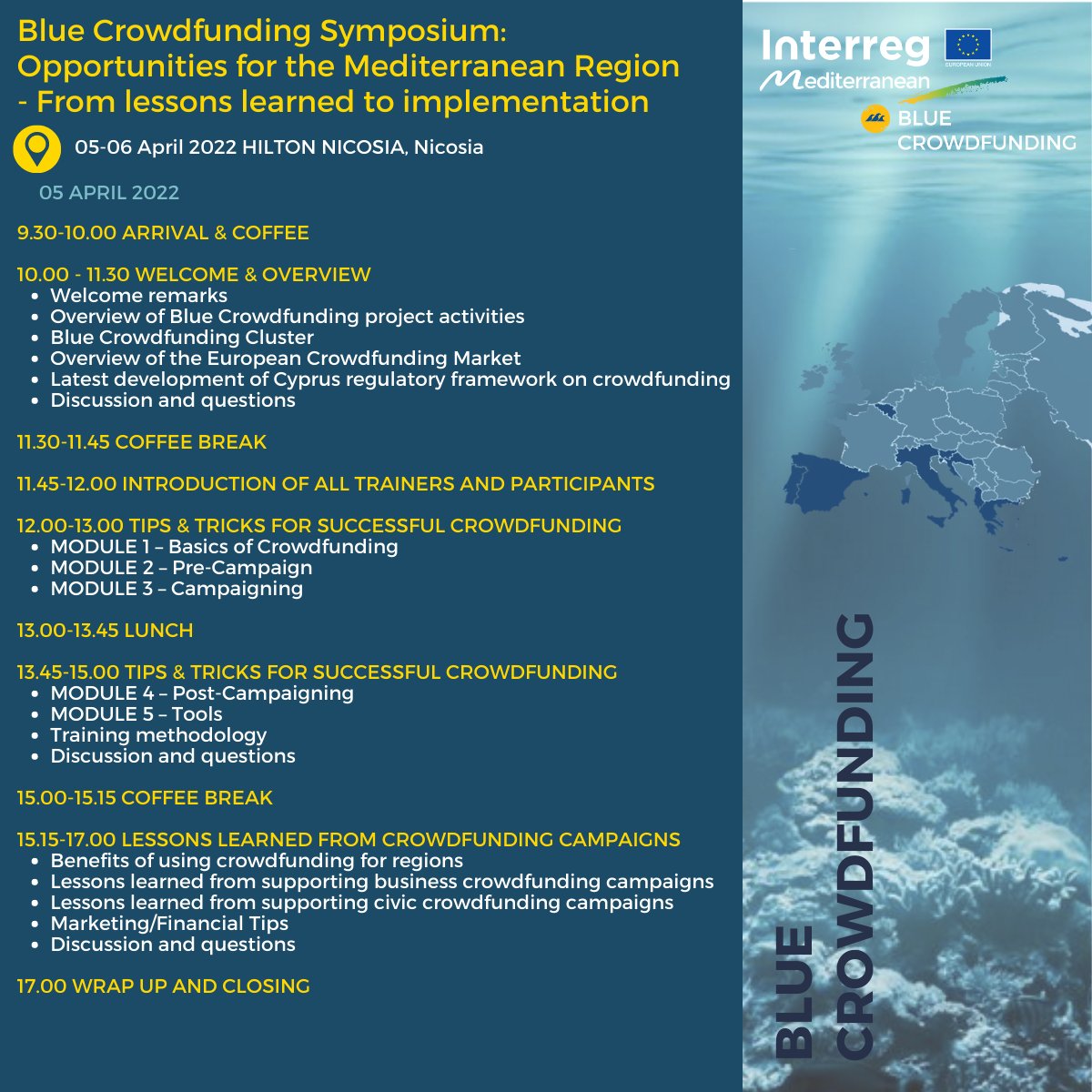 BlueCFInterreg's tweet photo. 🎉Today is the day! On the 5th and 6th of April, all project partners will meet in Cyprus to organise the Blue Crowdfunding Symposium, where we will present the Crowdfunding opportunities for the Mediterranean region🌊Find out more: https://t.co/zJZ02RdOt4 https://t.co/OWzGIhyHHz