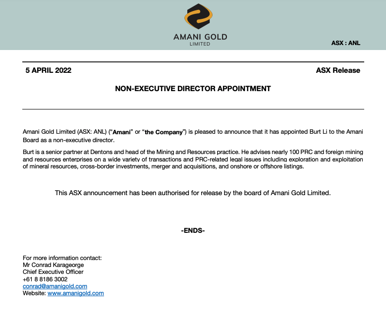 Amani_Gold's tweet photo. #ASX Announcement: $BRYYF $ANL
DIRECTOR APPOINTMENT
Read more on our website:
https://t.co/508K9CLEPk https://t.co/2veaiFpsNh