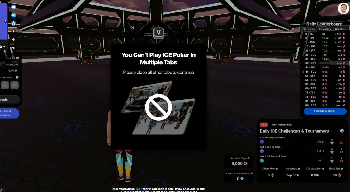 dm_watson2's tweet photo. @0xMiles maybe you could reset the server maybe there is a chance to remove this bug. Thank you! we cant play right now because of this issue. #icepoker @DecentralGames @decentraland https://t.co/e2eo3fzkn3