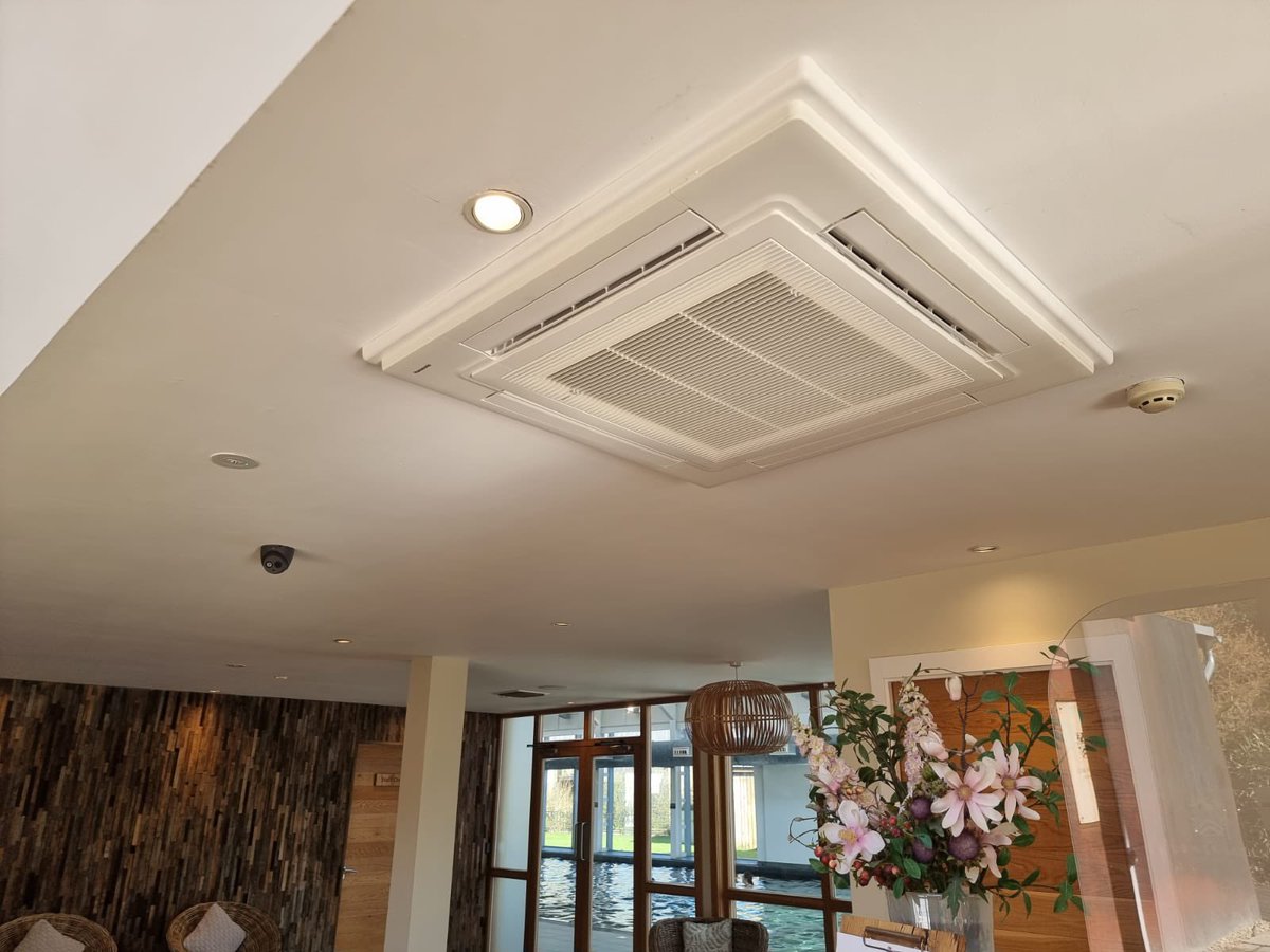 ArcticSwindon's tweet photo. New split ceiling cassette air source heat pump installed at Lower mill spa.. features the patented Panasonic Nanoe X system- for cleaner, purer air quality   
#airsourceheatpump  https://t.co/c5KxNPAeIM https://t.co/35pWFmqmgi