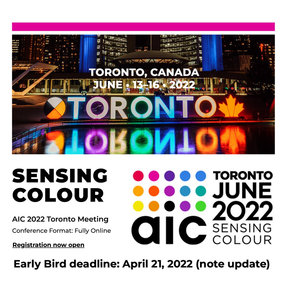 DBriggs60's tweet photo. Registration is now open for the AIC 2022 Toronto meeting  on June 13-16. The organizers recently decided to hold the meeting fully online, and registration fees have been correspondingly reduced. The Early Bird deadline had been extended to April 21.
https://t.co/KTNgQQDXiZ https://t.co/ZgFDPVCgle
