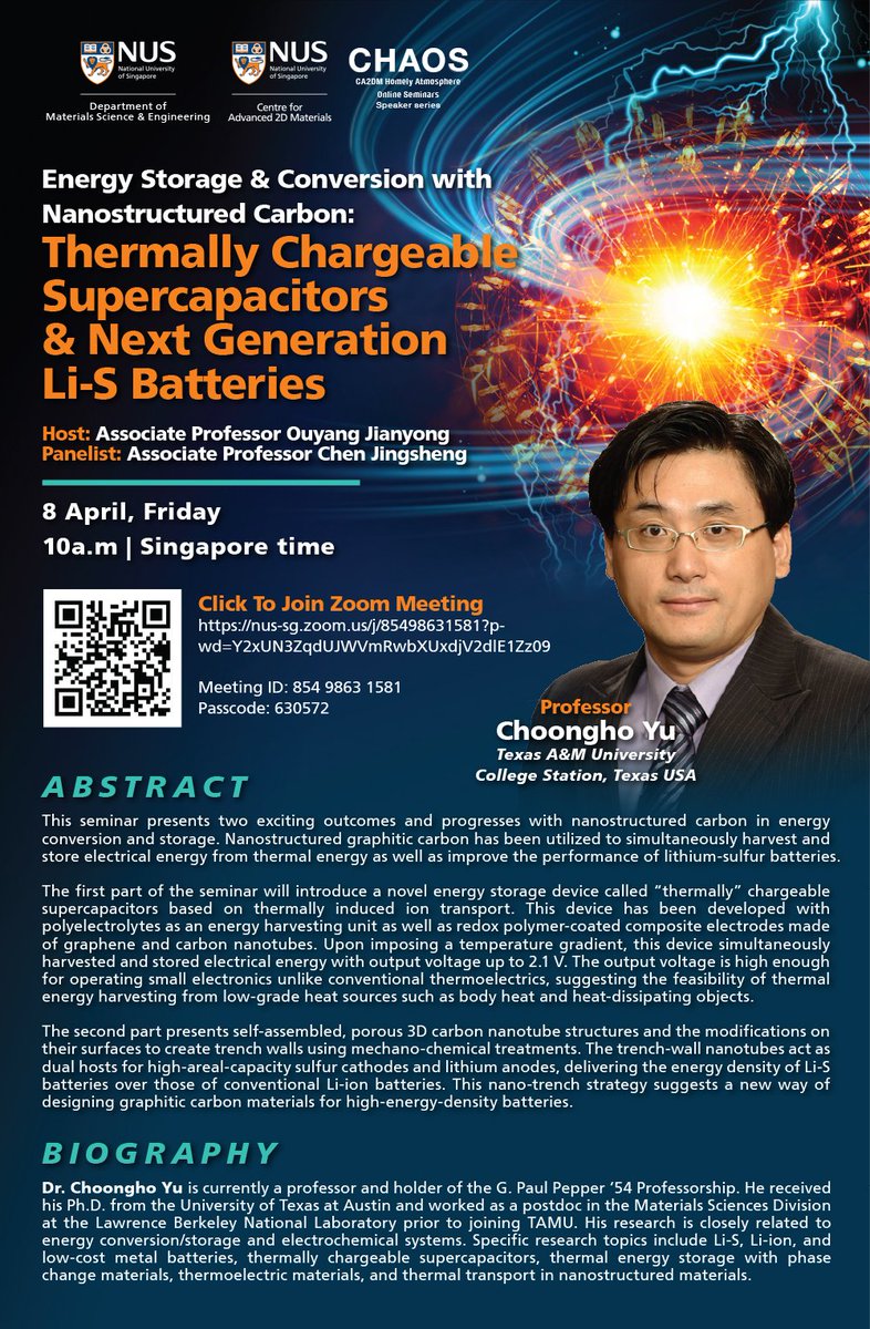 nusca2dm's tweet photo. Join us on Friday, 8 April 2022, for another webinar jointly organised by CA2DM’s CHAOS (CA2DM Homely Atmosphere Online Seminar) and MSE’s Materials for the Future Zoom Seminar series.
Read full abstract and speaker details here: https://t.co/fZw8Vs6b6r https://t.co/m7xb0858Xx