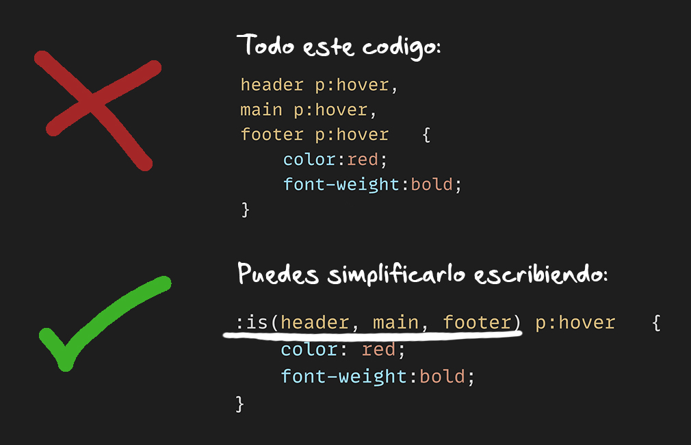 Sdesalvaje's tweet image. ¿Quieres reducir el código CSS de tu pagina web?
Empieza a utilizar la propiedad is()
