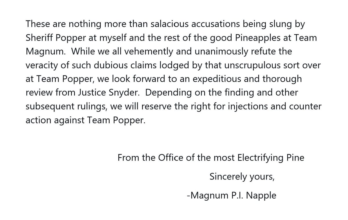 MagnumPine's tweet photo. Mag's and the rest of #TeamMagnum would like to make a statement about today's fake news by @Sheriff_Popper to the whole #Pinemunity @SecrtPineapple #SecretPineappleSociety #SPS @TheRareRobot @Theta__News @ThetaZillaClub @GeneralDole_SPS @PineNewsNetwork https://t.co/TUUZtLxBWb