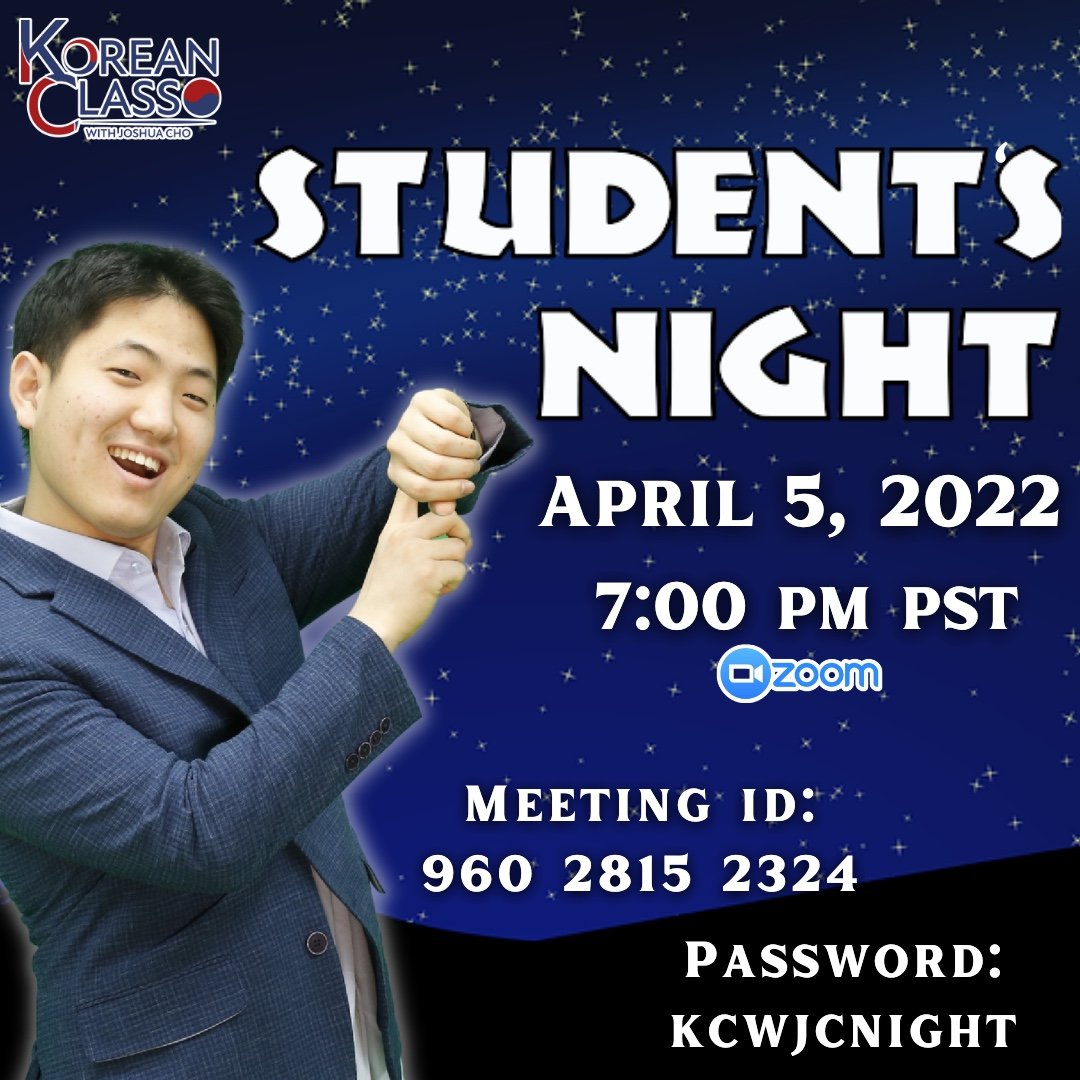 kclasswithjcho's tweet photo. BONDING TIME ⏰
Tara at makisaya sa ating STUDENT’s NIGHT mamaya! 🥳

👉🏻 Join Zoom Meeting
https://t.co/HpYTqnKJfN

Meeting ID: 960 2815 2324
Passcode: KCWJCNIGHT

📝 Hindi po ito klase, pure STUDENT’s NIGHT lang po😄

#StudentsNight
#LearnShareEnCHOy
#KoreanClassWithJoshuaCho https://t.co/vXwSbB2CK7