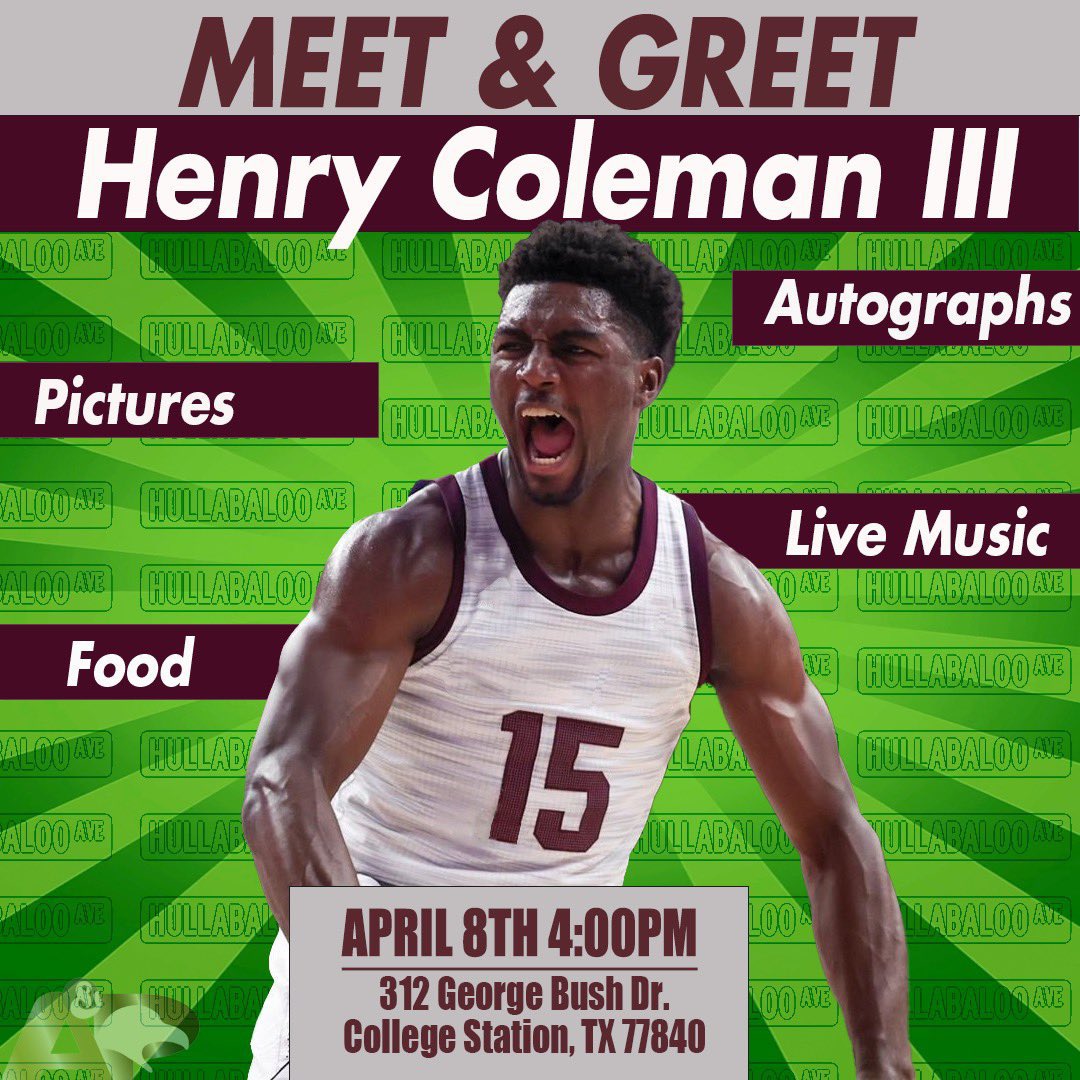 Hullabaloo Ave (@hullabalooave) on Twitter photo Come by THIS FRIDAY and meet Texas Aggie Basketball star, <a href="/hencoleman3/">Henry Coleman III</a> 🏀 👍🏽🔥
Autograph session ✍🏾, food truck 🍗 and live DJ 🎶 from 4pm-6pm Come by THIS FRIDAY and meet Texas Aggie Basketball star, <a href="/hencoleman3/">Henry Coleman III</a> 🏀 👍🏽🔥
Autograph session ✍🏾, food truck 🍗 and live DJ 🎶 from 4pm-6pm