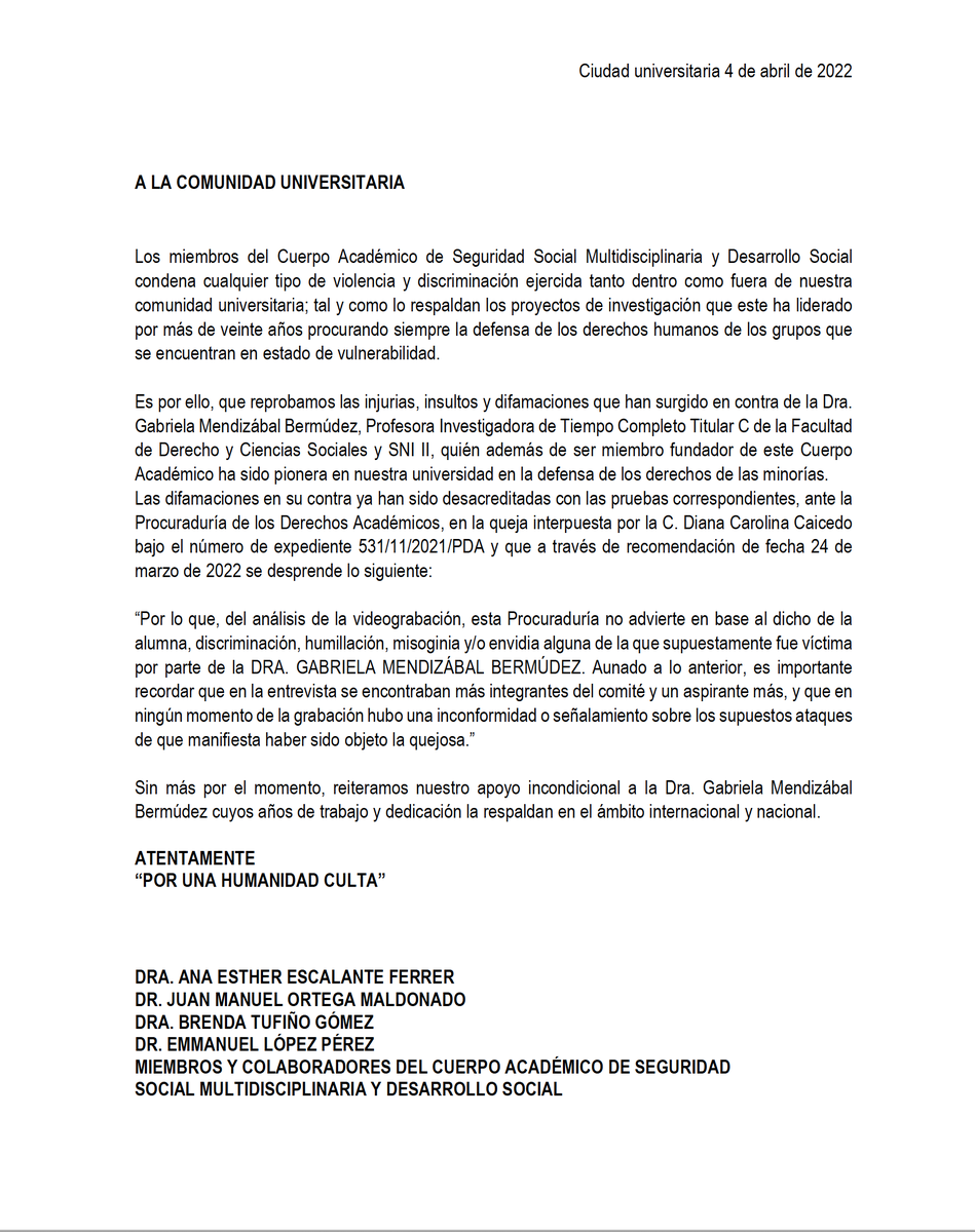 socialuaem's tweet photo. Comunicado de los miembros del Cuerpo Académico de Seguridad Social Multidisciplinaria y Desarrollo Social en relación a las notas periodísticas y videos publicados el 4 de abril de 2022 que involucran a una de nuestras integrante del CA https://t.co/347ZIETTxJ