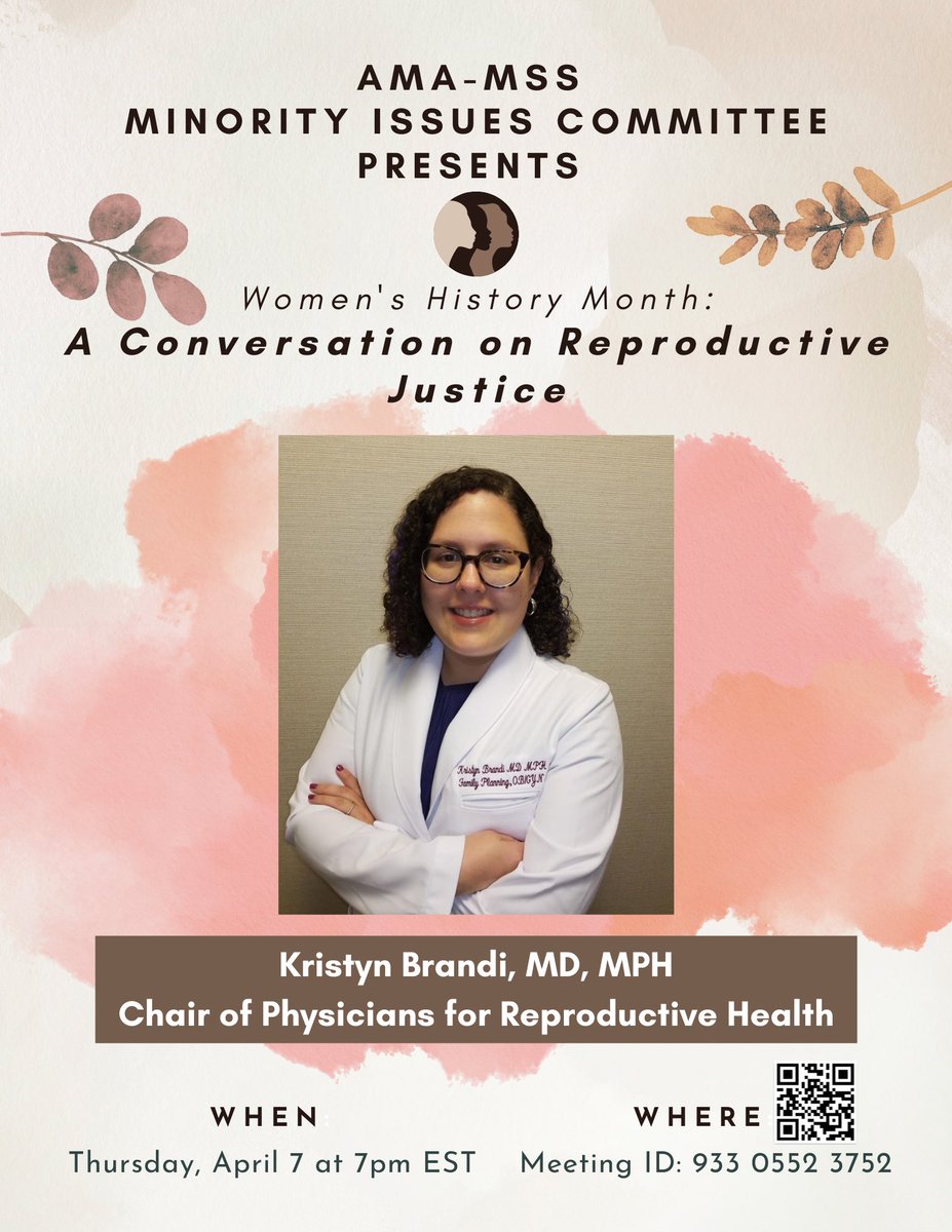 It's Women's History Month! Join us April 7th at 7 PM EST for A Conversation on Reproductive Justice by Dr. Kristyn Brandi, Chair of Physicians for Reproductive Health 👩‍⚕️#AMWA #WomensHistoryMonth  #MedTwitter #MedStudentTwitter  #WomenInMedicine