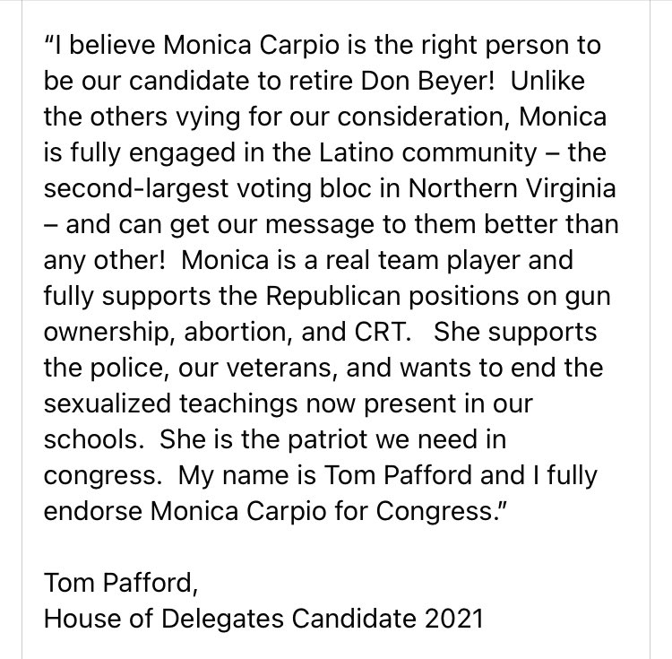 MonCarpioVA's tweet photo. So happy to be endorsed by my dear friend Tom Pafford!
#lexit #alexandria #arlington #fairfax #heerakkim #keziatunnell #karinalipsman #jeffjordan #gop #va8 #youngkin #monicacarpio #imwithmonica #carpioforcongress https://t.co/MH03MHDExR