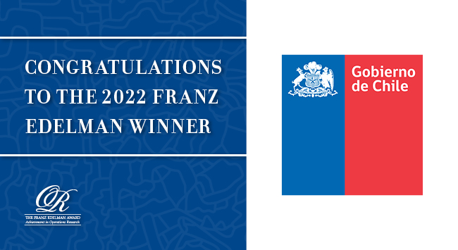 The 2022 Franz Edelman Competition winner is Chile! The Chilean Ministries of Health and Sciences partnered with the Instituto Sistemas Complejos de Ingeniería (ISCI) &amp; telecom company Entel to battle against the pandemic. bit.ly/3r166mY 
<a href="/centroISCI/">ISCI</a> <a href="/entel/">Entel Chile</a> @gabrielboric