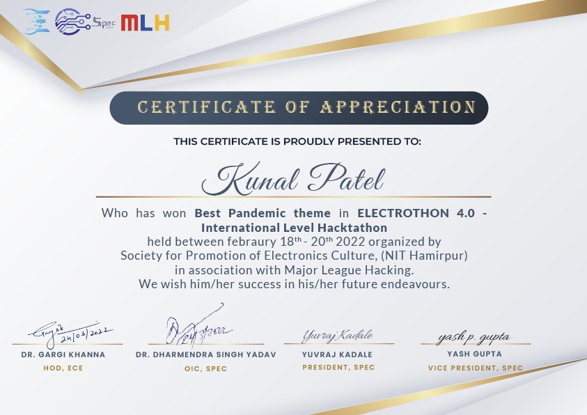 Kunal37257839's tweet photo. Hey thereπ,
I just got the certificate for winning in Best Pandemic Theme catagory in Electrothon 4.0 organized by @SPEC__NITH.
@meetawwww
@behara_pavitra
@ankitsingh0702
#hackathon #hackodisha #achivement #winningteam https://t.co/bFufehvhpE