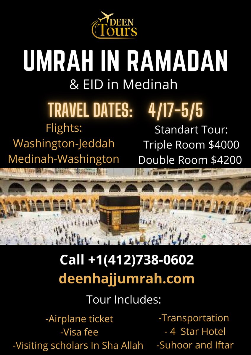 deen_tours's tweet photo. Umrah in Ramadan and Eid in Medinah! Registration still open. Visit https://t.co/CrGPmdcwUn or call +1 (412) 738-0603 #umrahusa #hajj #islam @1MMeducation @1MMPGH @RahaBatts @AbooSuhailah @Mustafa_George @GtownMasjid @MasjidusSunnah @masjidrahmah @SalafiMasjidCom @MasjidusSunnah https://t.co/X0UQaz5bUL