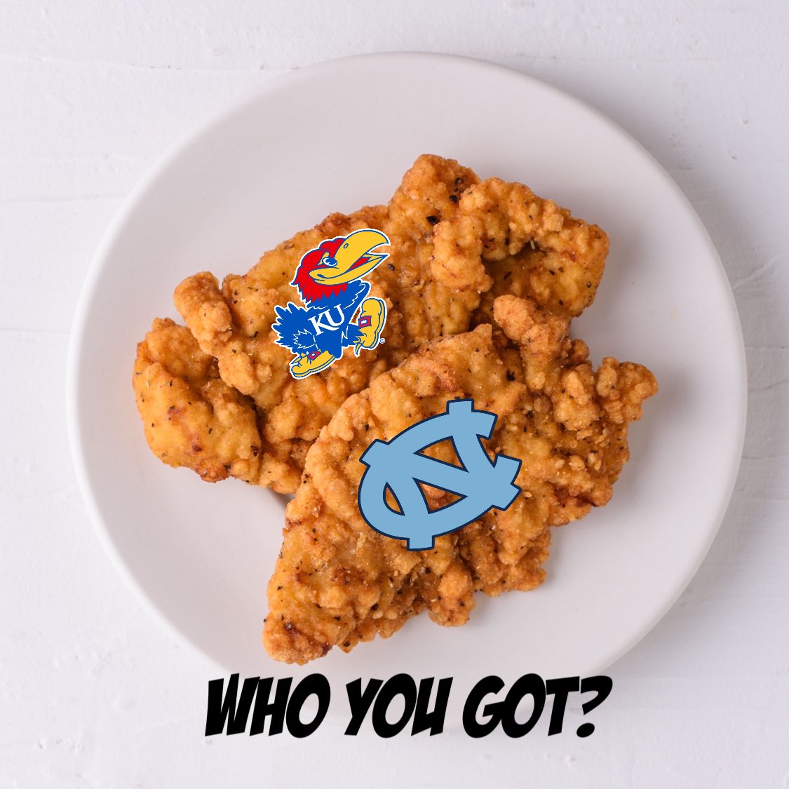 TenderRecord's tweet photo. WHO YOU GOT? #UNCvsKansas #NCAAChampionship Comment below ⬇️ Hope your all eating chicken strips during the game https://t.co/hgJPrIfTZ5