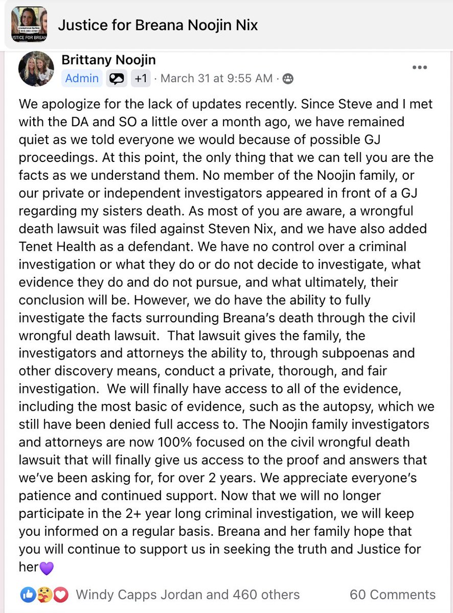 An update on the #breananix case: Nobody from the Noojin (maiden name) EVER appeared at a Grand Jury despite the lies spread by Steven's mother. We have zero control in the criminal investigation. We now DO have subpoena power in civil court + r doing a full + fair investigation