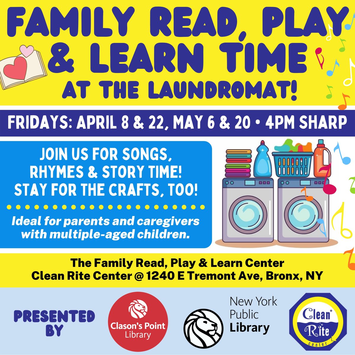 Join us at the Clean Rite at 1240 E Tremont Ave in the Bronx this Friday, April 8 as our friends from <a href="/NYPL_ClasonsPt/">Clasons Point Branch</a> lead Story Time and Crafts starting at 4 PM!