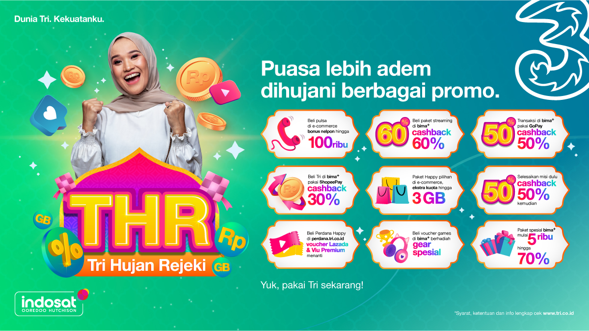 triindonesia's tweet photo. Ramadan makin rame dan seru bertabur promo berlimpah.

Mulai dari ekstra pulsa/kuota, voucher belanja, hingga cashback gede. Aktifkan paket Tri-mu sekarang!

Di Dunia Tri, #KitaJadiLebih untung.

Cek: https://t.co/kyKgRS3rmq

#DuniaTriKekuatanku
#JaringanLuasDanKuat https://t.co/NpXMyuxFPz