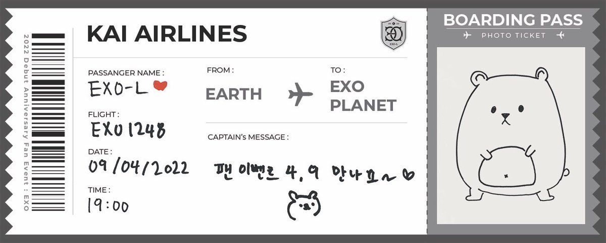 Kai_Colombia's tweet photo. [REDES] 220404 - Actualización de las redes oficiales de EXO con KAI

"2022 Debut Anniversary Fan Event: EXO" Ticket🐻🎫
 
🐻: Nos vemos en el Fan Event 4.9~🤍

#KAI #카이 #엑소카이 #2022_Debut_Anniversary_Fan_Event_EXO
@weareoneEXO
~Nini🐻 https://t.co/yruy7WsvL1