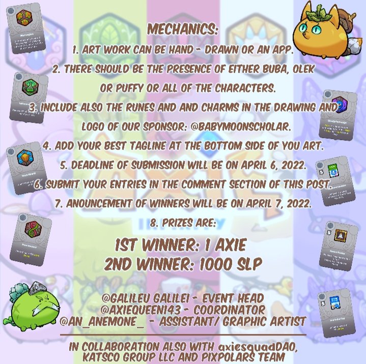 RachielAguilar's tweet photo. Bonjour! Here is now the mechanics of our art contest. Thank my beautiful graphic artist friend &amp; teammate @an_nemone_ for making this announcement. Tomorrow 11PM is the deadline of entries. Thank you @BabymoonScholar for sponsoring the prize!❤️  Goodluck guys!❤️ #AxieInfinity https://t.co/deZvbZ3gNp
