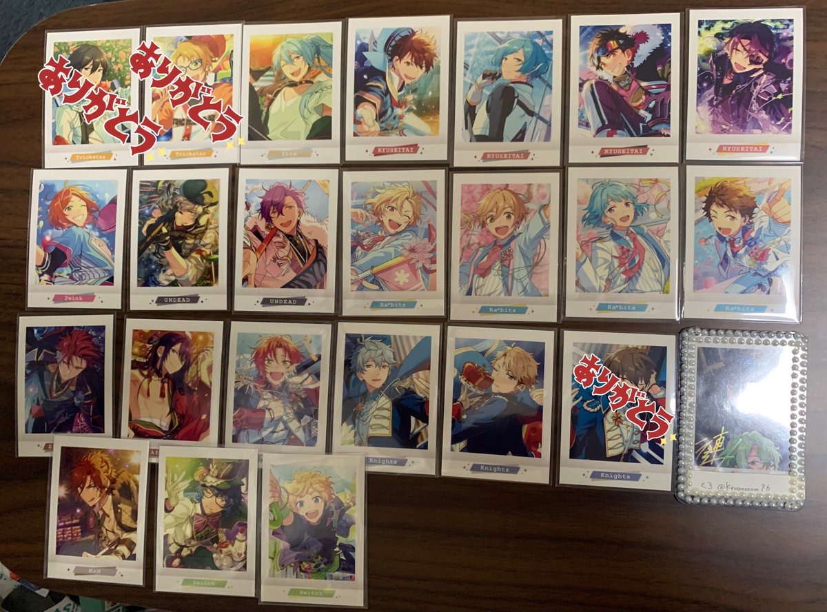 Krooooooooo96's tweet photo. ［交換］あんスタ ぱしゃこれ idol 6

譲→渉* ☆千秋 奏汰* 鉄虎 忍 ひなた ☆晃牙 アドニス 紅郎 颯馬 なずな 友也 創 光 夏目* つむぎ 宙 ☆レオ ☆泉 嵐* 斑 つむぎ 宙
箔押し:ゆうた 英智

求→画像3枚目(以外でも同キャラであれば検討)

→続く https://t.co/P8GqovSbfP