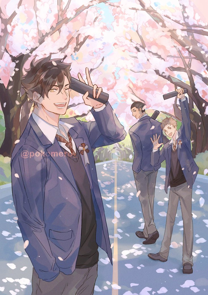 cherry blossoms multiple boys 3boys male focus school uniform jacket smile  illustration images