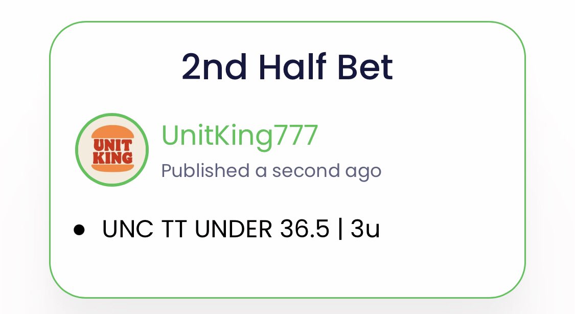 UnitKing777's tweet image. How does he do it?

ANOTHER PRIMETIME. ANOTHER SWEEP.

6-0 6-0, 6 AND 0 | +33.6u 😂😂😂

U 152 | 15u ✅
UNC +4 | 2u ✅ 
UNC 1H +2.5 | 6u ✅
1H U 71.5 | 5u ✅
UNC TT U 36.5 | 3u ✅

2-Leg Parlay:
U 152/1H +3.5 (+260) | 1u ✅

22-7-1 (75.9%) LOCKNESS RUN.