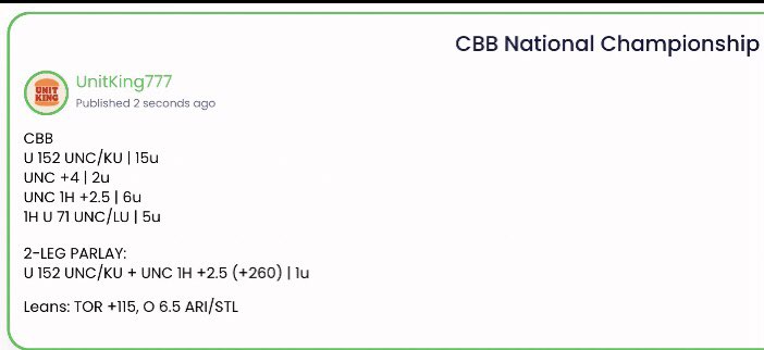 UnitKing777's tweet image. How does he do it?

ANOTHER PRIMETIME. ANOTHER SWEEP.

6-0 6-0, 6 AND 0 | +33.6u 😂😂😂

U 152 | 15u ✅
UNC +4 | 2u ✅ 
UNC 1H +2.5 | 6u ✅
1H U 71.5 | 5u ✅
UNC TT U 36.5 | 3u ✅

2-Leg Parlay:
U 152/1H +3.5 (+260) | 1u ✅

22-7-1 (75.9%) LOCKNESS RUN.
