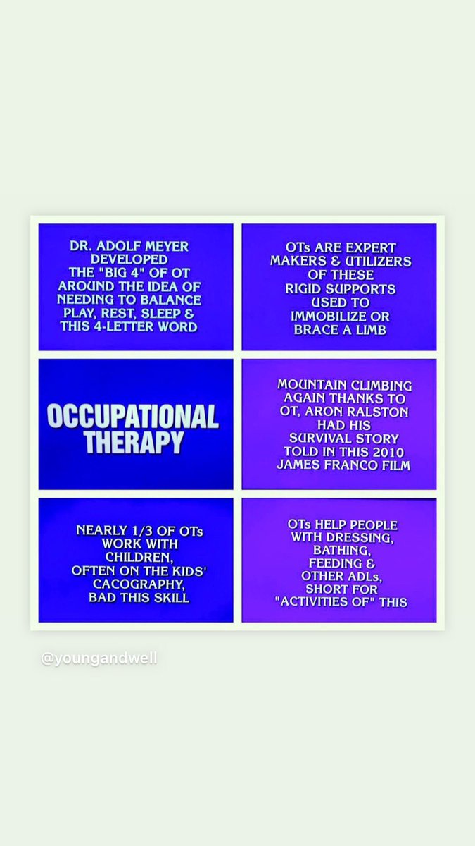 YoungandWell's tweet photo. #occupationaltherapy is FUN!! But it was especially fun when it was featured as a @jeopardy category! Did you know? 
Day 4 of our photo challenge! Never too late to join and win merch in celebration 🤩🥳 https://t.co/ZhLlIblV0H