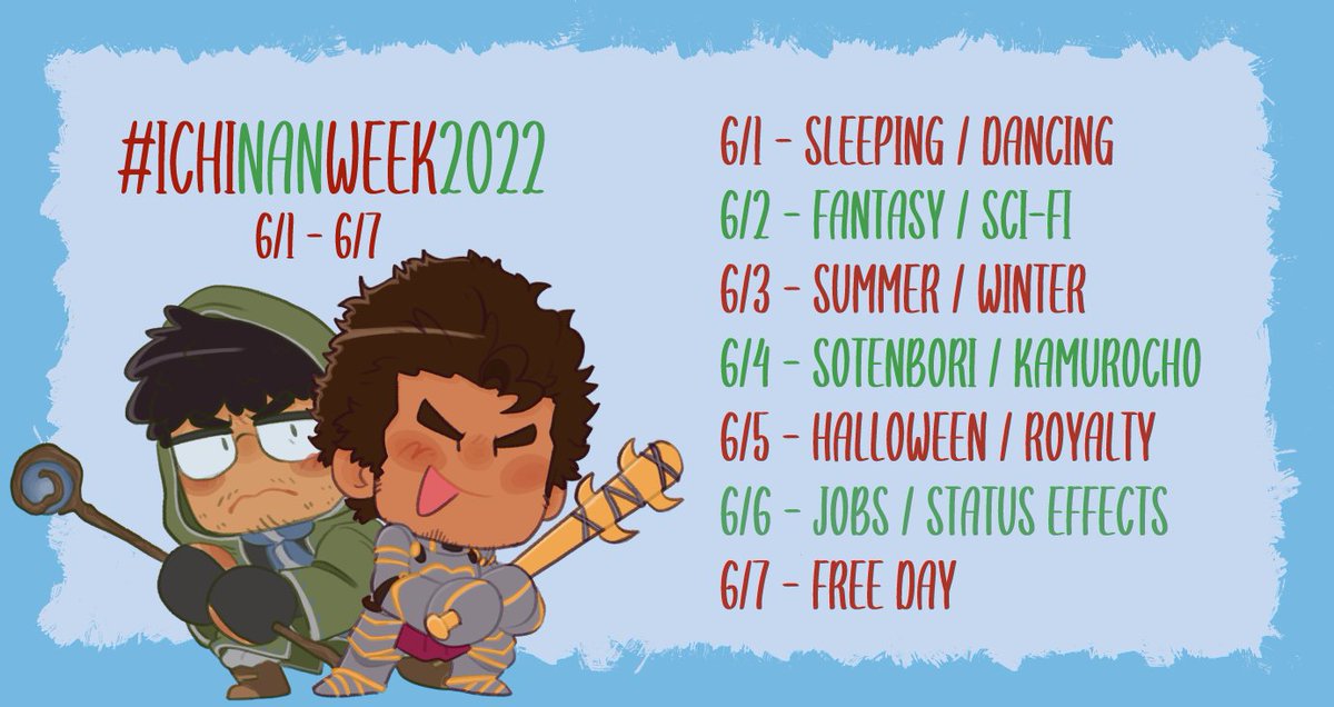 ichinanweek's tweet photo. Excited to announce the dates and prompt list for this years Ichinan Week! Thank you for everyone who filled out a form and super thank you to @LSandom02 for volunteering to draw something for the graphics! #ichinan #イチナン https://t.co/ANrHeLeGLw